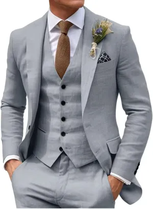 HUUTOE Mens 3 Piece Linen Slim Fit Suits for Men Beach Wedding Summer Prom Casual Grooms Blazer Pants and Vest Suit Set