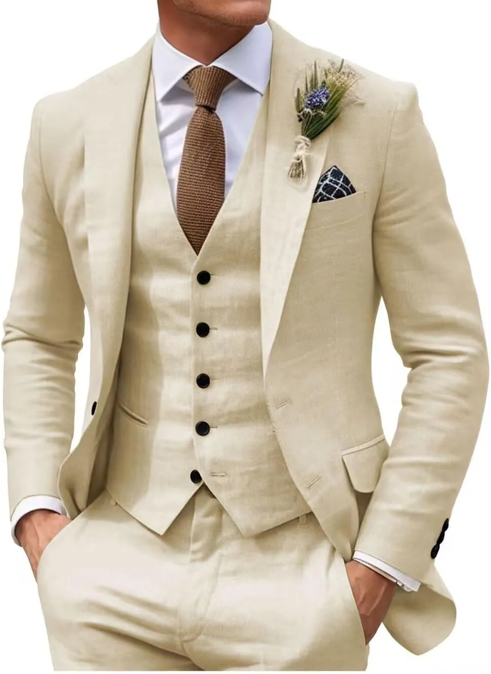 HUUTOE Mens 3 Piece Linen Slim Fit Suits for Men Beach Wedding Summer Prom Casual Grooms Blazer Pants and Vest Suit Set