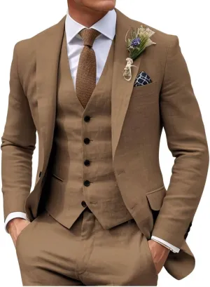 HUUTOE Mens 3 Piece Linen Slim Fit Suits for Men Beach Wedding Summer Prom Casual Grooms Blazer Pants and Vest Suit Set