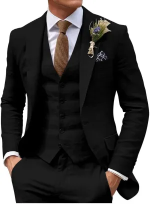 HUUTOE Mens 3 Piece Linen Slim Fit Suits for Men Beach Wedding Summer Prom Casual Grooms Blazer Pants and Vest Suit Set
