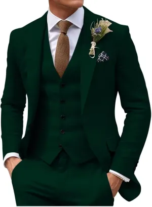 HUUTOE Mens 3 Piece Linen Slim Fit Suits for Men Beach Wedding Summer Prom Casual Grooms Blazer Pants and Vest Suit Set