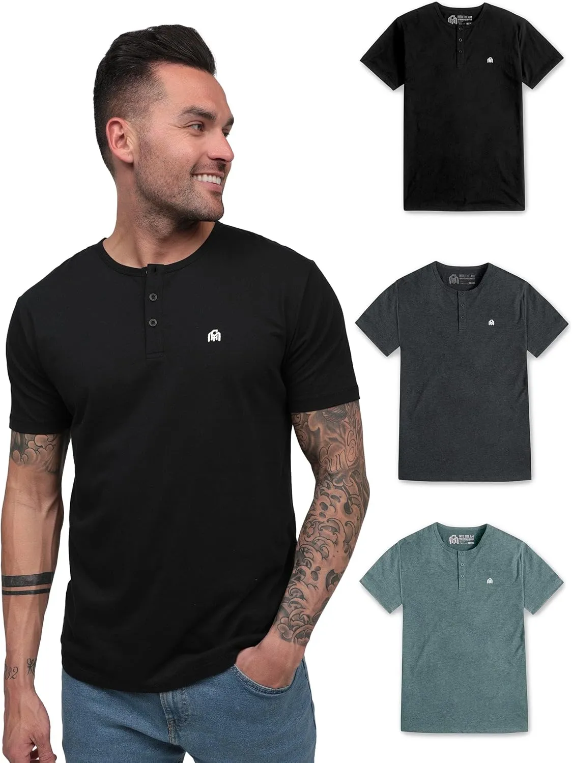 INTO THE AM Premium Henley Shirts for Men - Casual Short Sleeve Modern Fit T-Shirt
