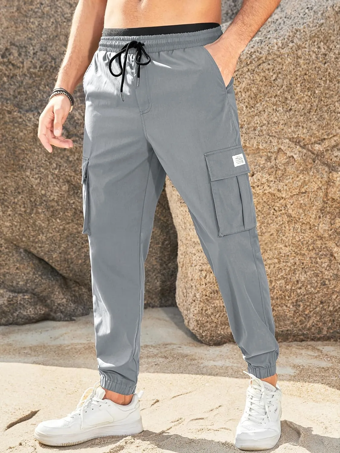 JMIERR Mens Casual Cargo Pants Stretch Elastic Waist Drawstring Joggers Pants Tapered Sweatpants for Men Multi Pockets