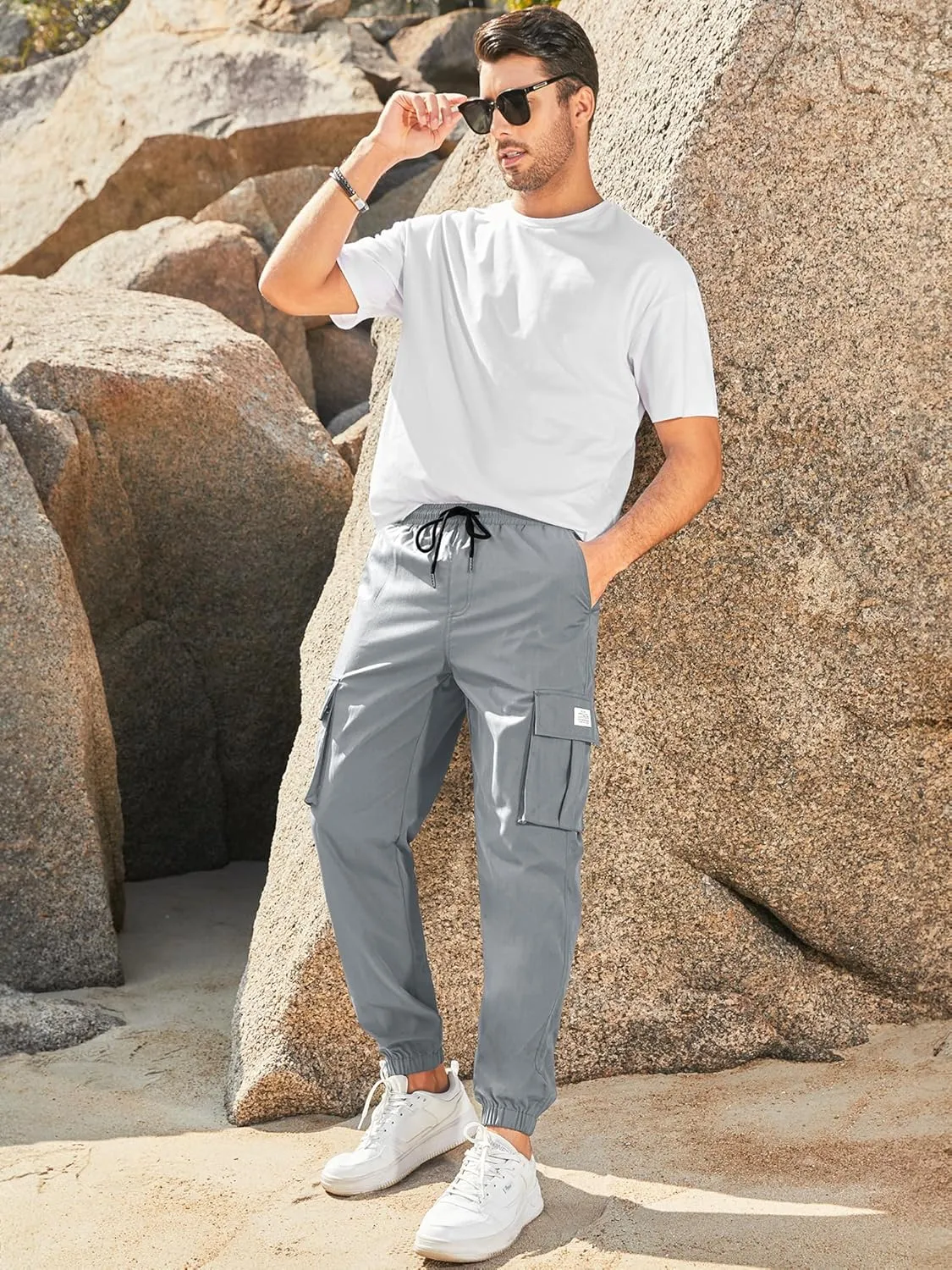 JMIERR Mens Casual Cargo Pants Stretch Elastic Waist Drawstring Joggers Pants Tapered Sweatpants for Men Multi Pockets