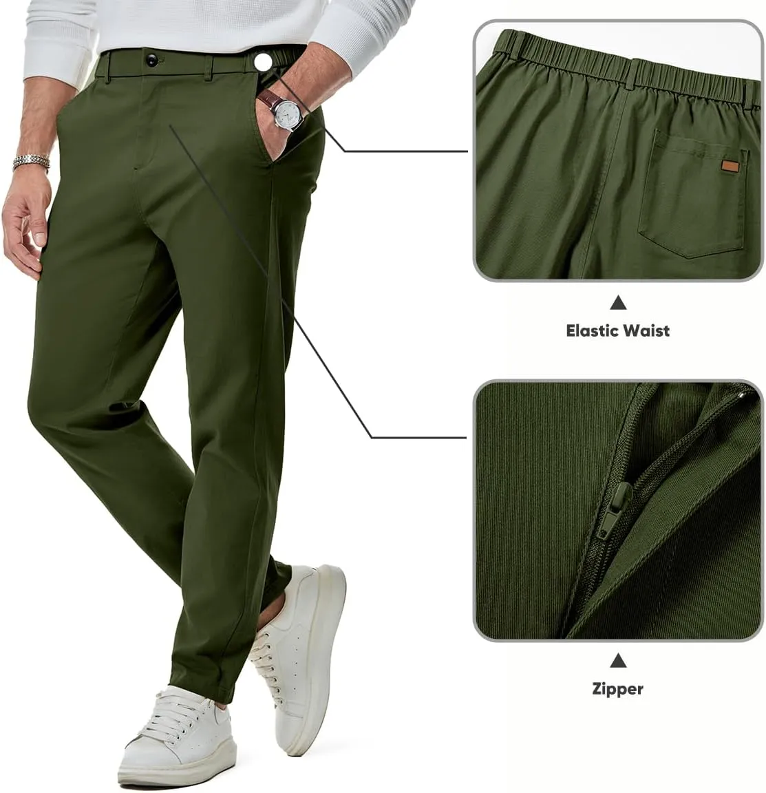 JMIERR Men's Chino Pants Casual Stretch Waist Tapered Trousers with Pockets
