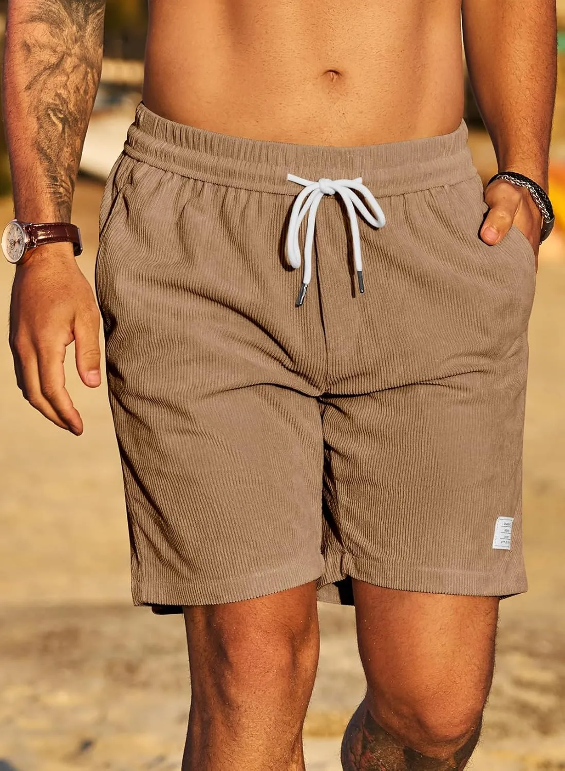 JMIERR Men's Corduroy Shorts Casual Elastic Waist Drawstring Lightweight Summer Beach Shorts