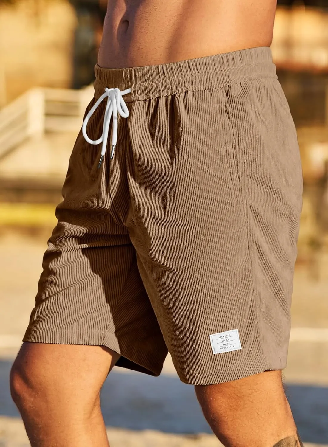 JMIERR Men's Corduroy Shorts Casual Elastic Waist Drawstring Lightweight Summer Beach Shorts