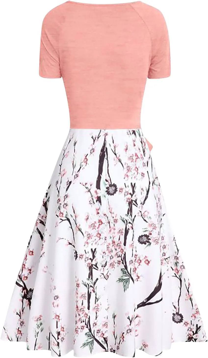 JOAU Women's Fashion Two Piece Outfits Beach Summer Casual Floral Dresses Short-Sleeve Wrap Tie Tops Flowy Midi Skirt Sets