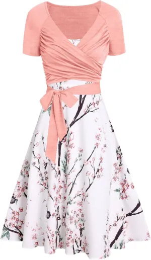 JOAU Women's Fashion Two Piece Outfits Beach Summer Casual Floral Dresses Short-Sleeve Wrap Tie Tops Flowy Midi Skirt Sets