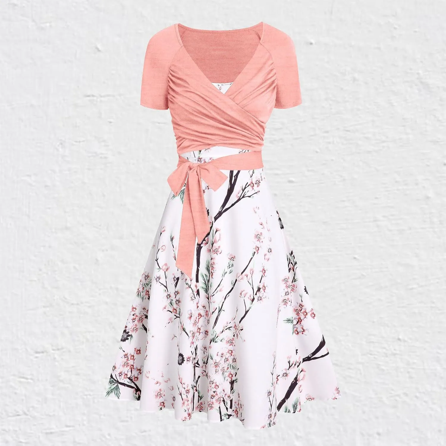 JOAU Women's Fashion Two Piece Outfits Beach Summer Casual Floral Dresses Short-Sleeve Wrap Tie Tops Flowy Midi Skirt Sets