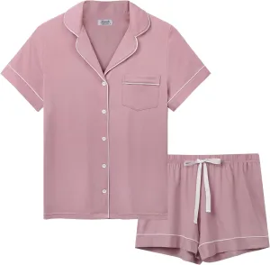 Joyaria Button Down Pajamas Set for Women Jersey Knit Pjs/Sleep Set/Lounge Set/Pj Set(Dark Pink, XXL)