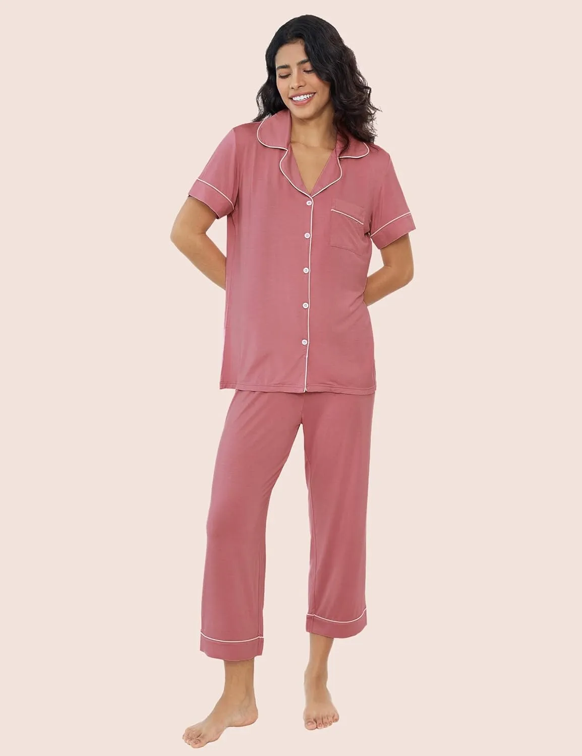Joyaria Women Capri Pajamas Set Bamboo Viscose Pjs Short Sleeve Button Down Sleepwear