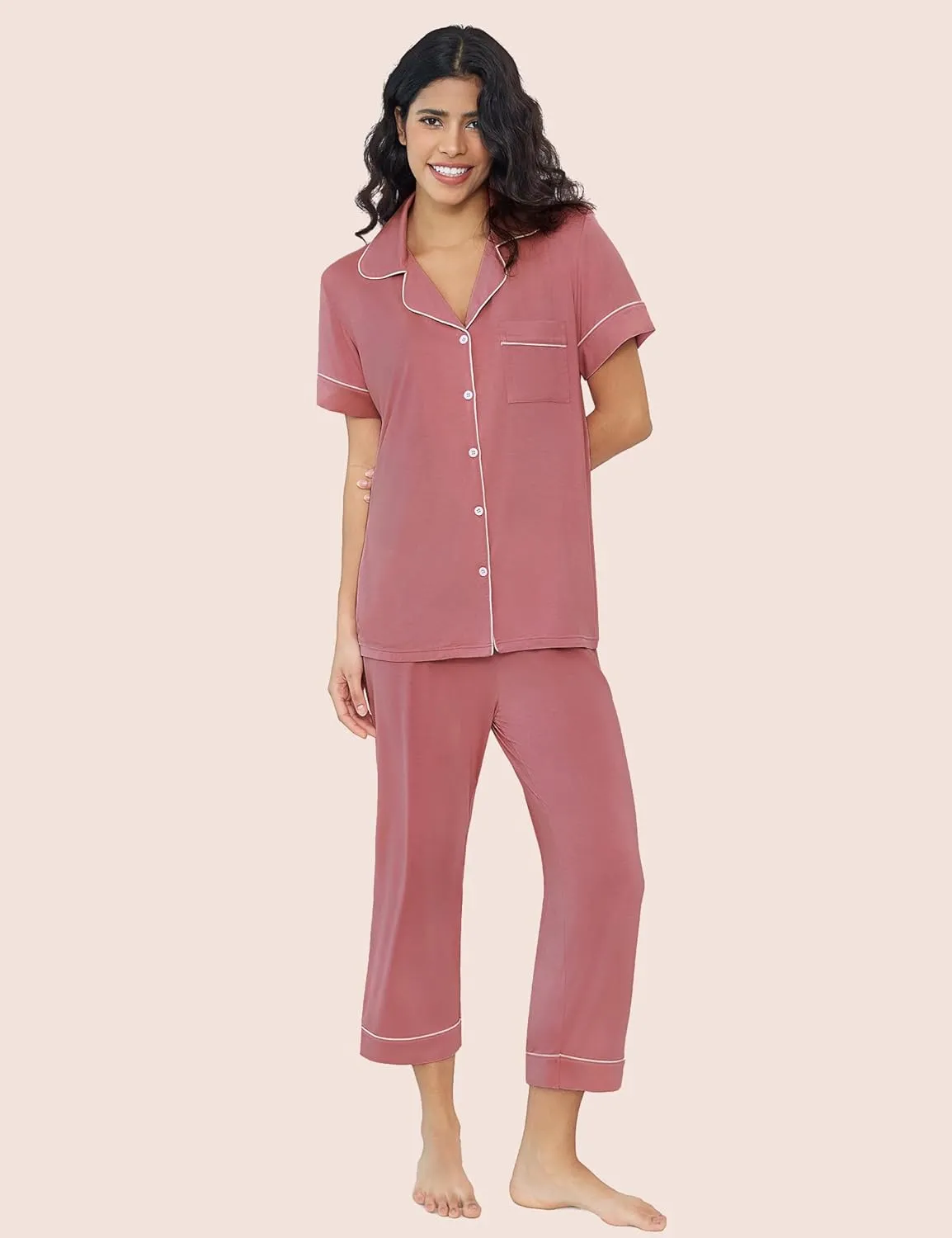 Joyaria Women Capri Pajamas Set Bamboo Viscose Pjs Short Sleeve Button Down Sleepwear