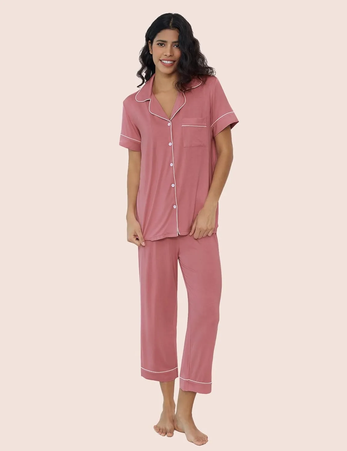 Joyaria Women Capri Pajamas Set Bamboo Viscose Pjs Short Sleeve Button Down Sleepwear