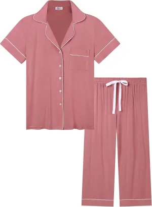 Joyaria Women Capri Pajamas Set Bamboo Viscose Pjs Short Sleeve Button Down Sleepwear