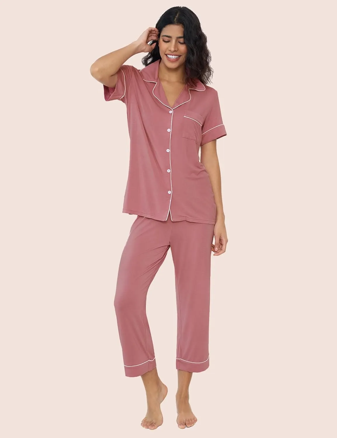 Joyaria Women Capri Pajamas Set Bamboo Viscose Pjs Short Sleeve Button Down Sleepwear
