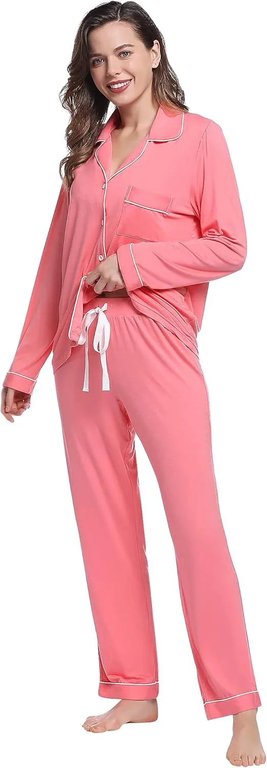 Joyaria Womens Bamboo Viscose Pajama Sets Long Sleeve Button Down Cooling Sleepwear Soft Comfortable Pj Pants Set for Women