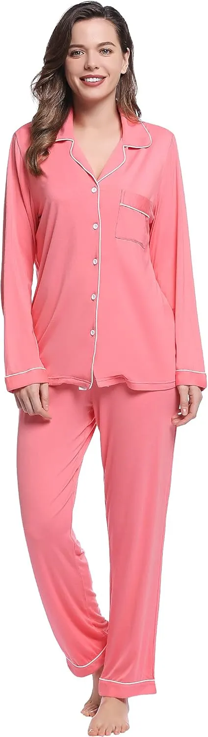 Joyaria Womens Bamboo Viscose Pajama Sets Long Sleeve Button Down Cooling Sleepwear Soft Comfortable Pj Pants Set for Women