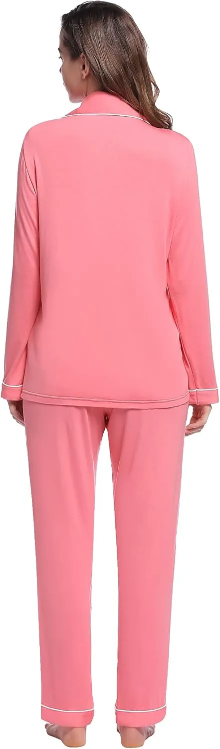 Joyaria Womens Bamboo Viscose Pajama Sets Long Sleeve Button Down Cooling Sleepwear Soft Comfortable Pj Pants Set for Women