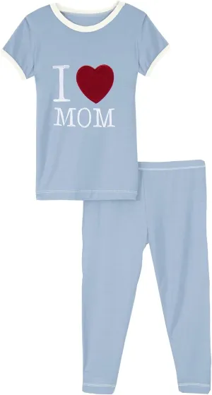 KicKee Two-Piece Applique Pajama Set with Short Sleeves, I Love Mom Pajamas