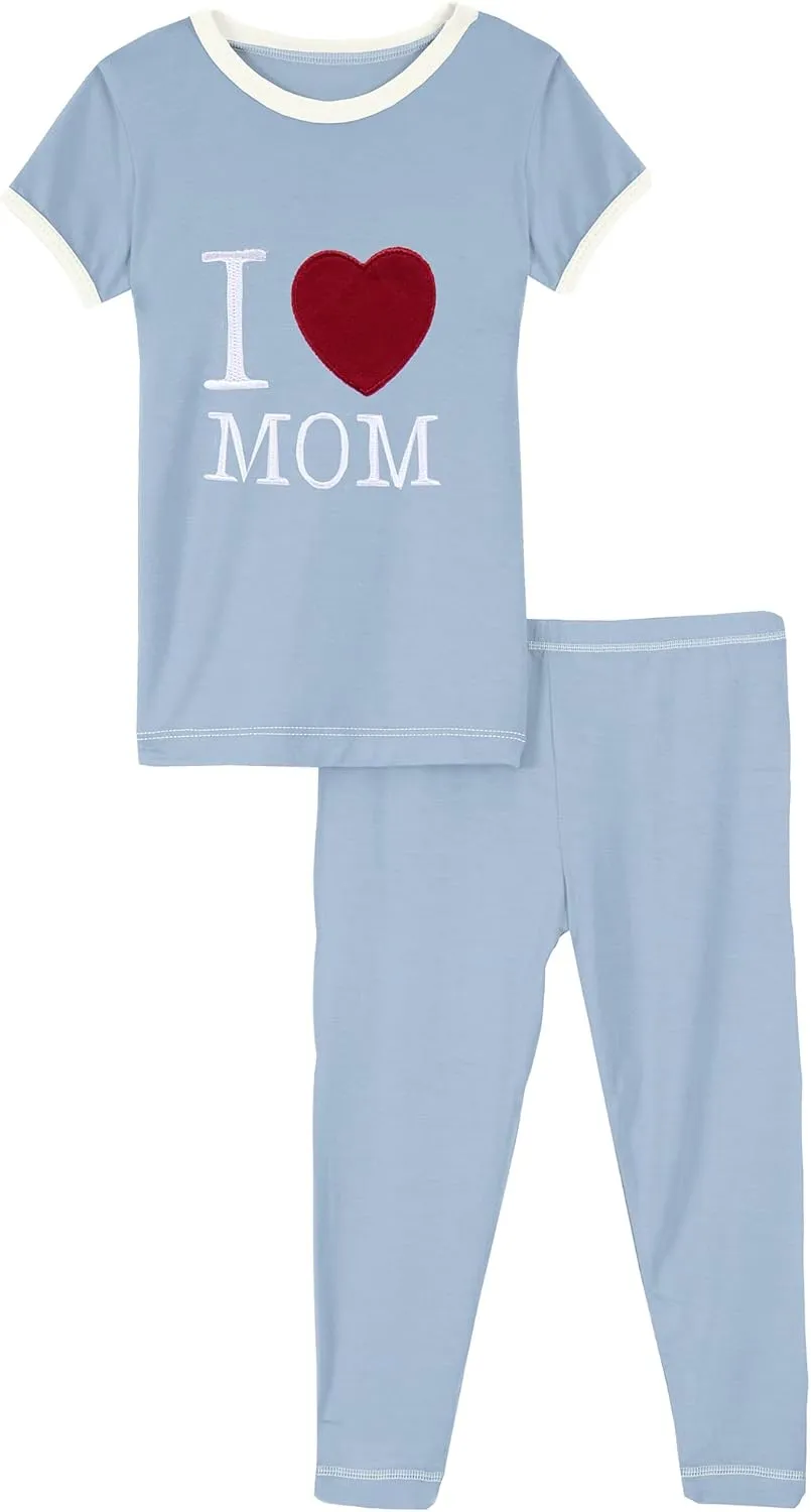 KicKee Two-Piece Applique Pajama Set with Short Sleeves, I Love Mom Pajamas