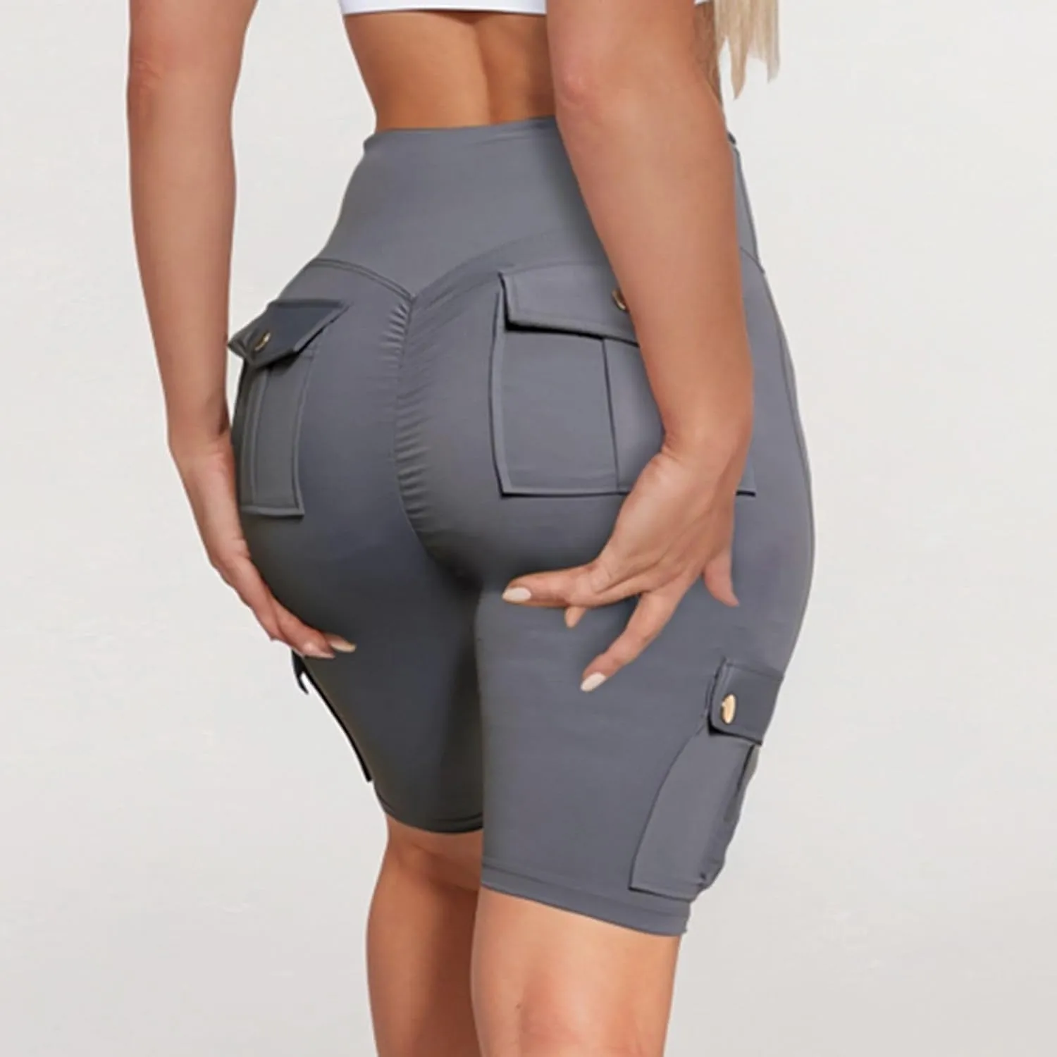 Kubbon Women Tummy Control Butt Lifting Shorts High Waisted Workout Gym Shorts Knee Length Bermuda Cargo Shorts Flap Pocket