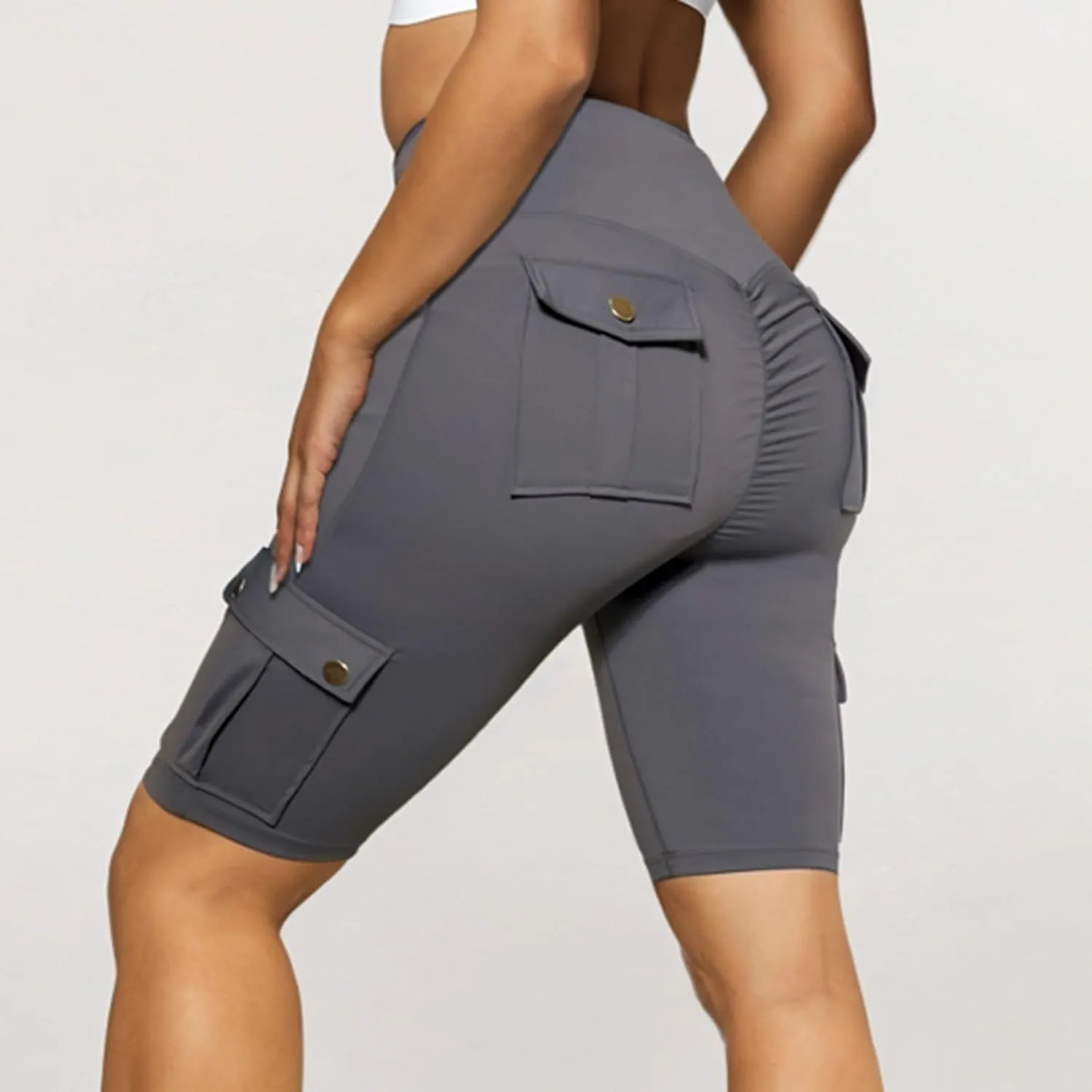 Kubbon Women Tummy Control Butt Lifting Shorts High Waisted Workout Gym Shorts Knee Length Bermuda Cargo Shorts Flap Pocket