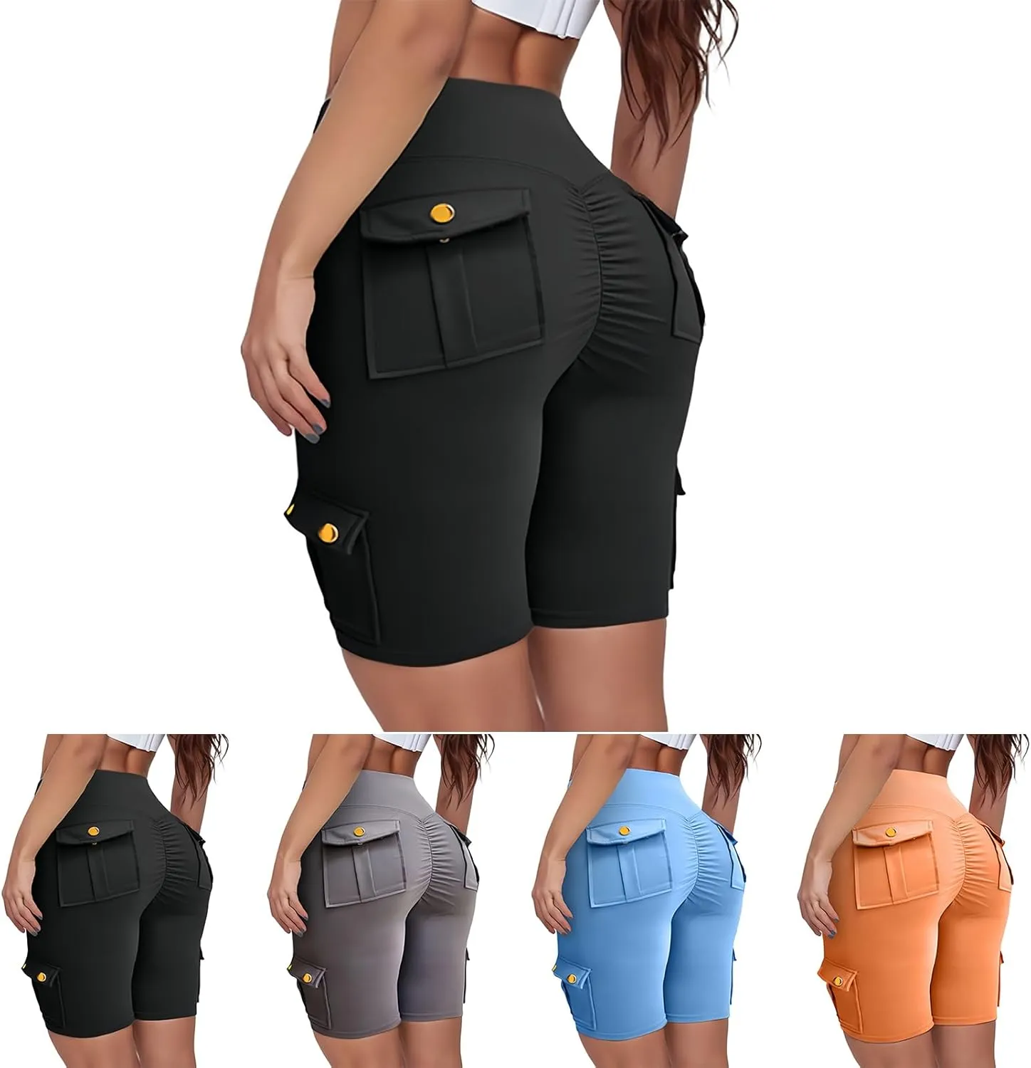 Kubbon Women Tummy Control Butt Lifting Shorts High Waisted Workout Gym Shorts Knee Length Bermuda Cargo Shorts Flap Pocket