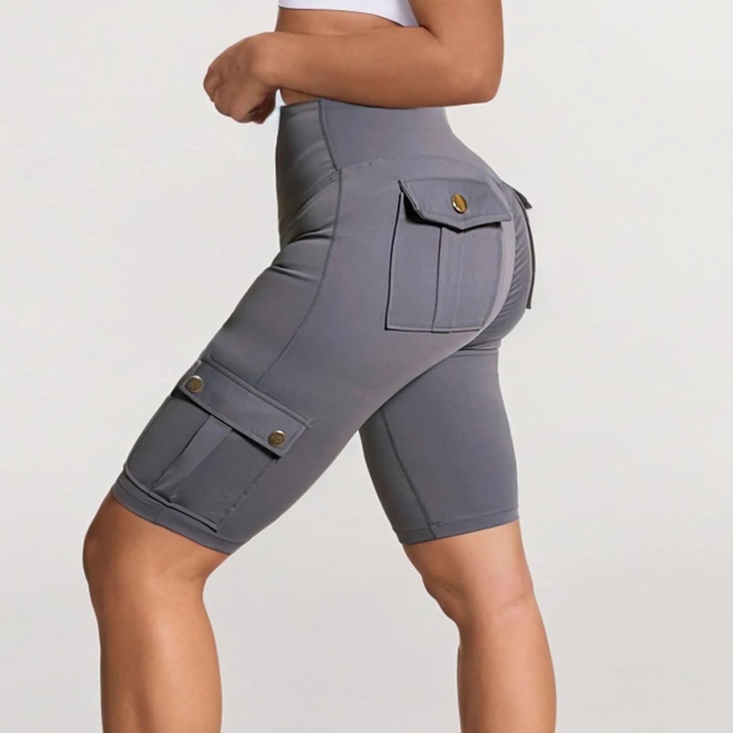 Kubbon Women Tummy Control Butt Lifting Shorts High Waisted Workout Gym Shorts Knee Length Bermuda Cargo Shorts Flap Pocket