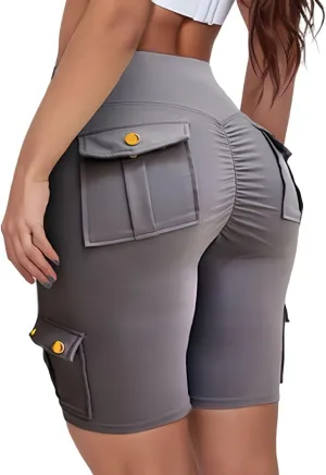 Kubbon Women Tummy Control Butt Lifting Shorts High Waisted Workout Gym Shorts Knee Length Bermuda Cargo Shorts Flap Pocket