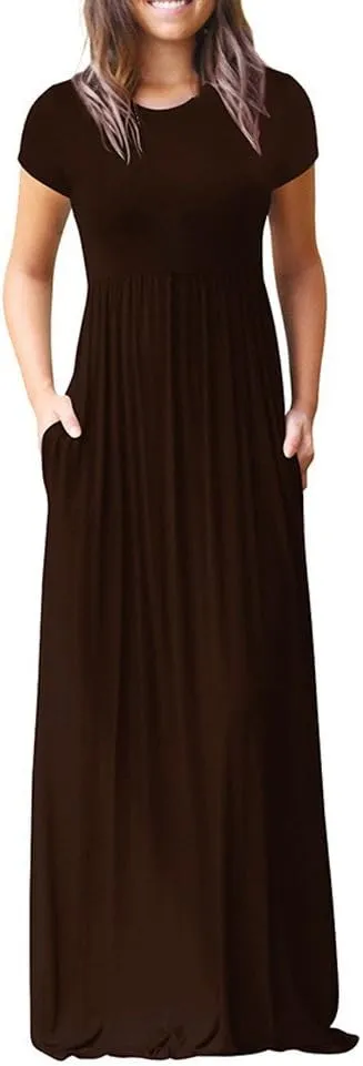 Kubbon Women's Short Sleeve Maxi Dresses Casual Empire Waist Long Dress Loose Plain Dress Vacation Long Dresses with Pocket