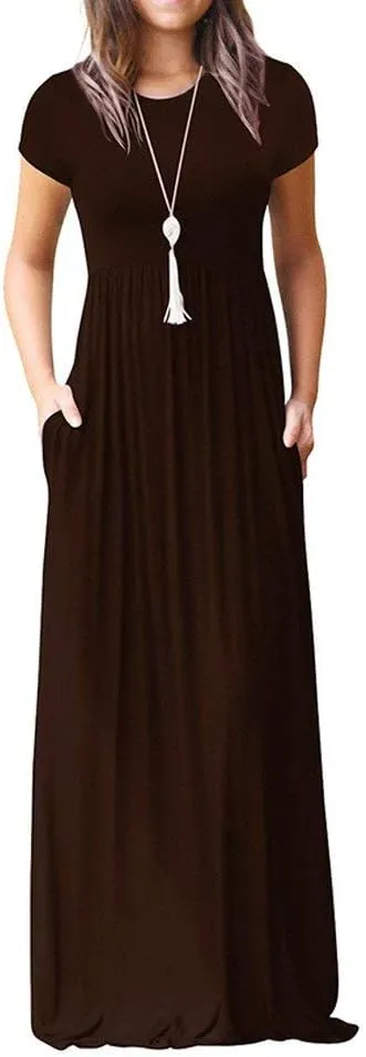 Kubbon Women's Short Sleeve Maxi Dresses Casual Empire Waist Long Dress Loose Plain Dress Vacation Long Dresses with Pocket
