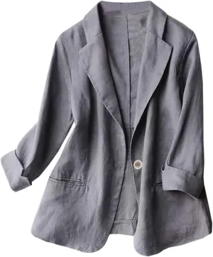 Linen Blazers for Women Business Casual Dressy Lapel Suit Blazer 3/4 Sleeve Lightweight Spring Summer Blazer Jackets