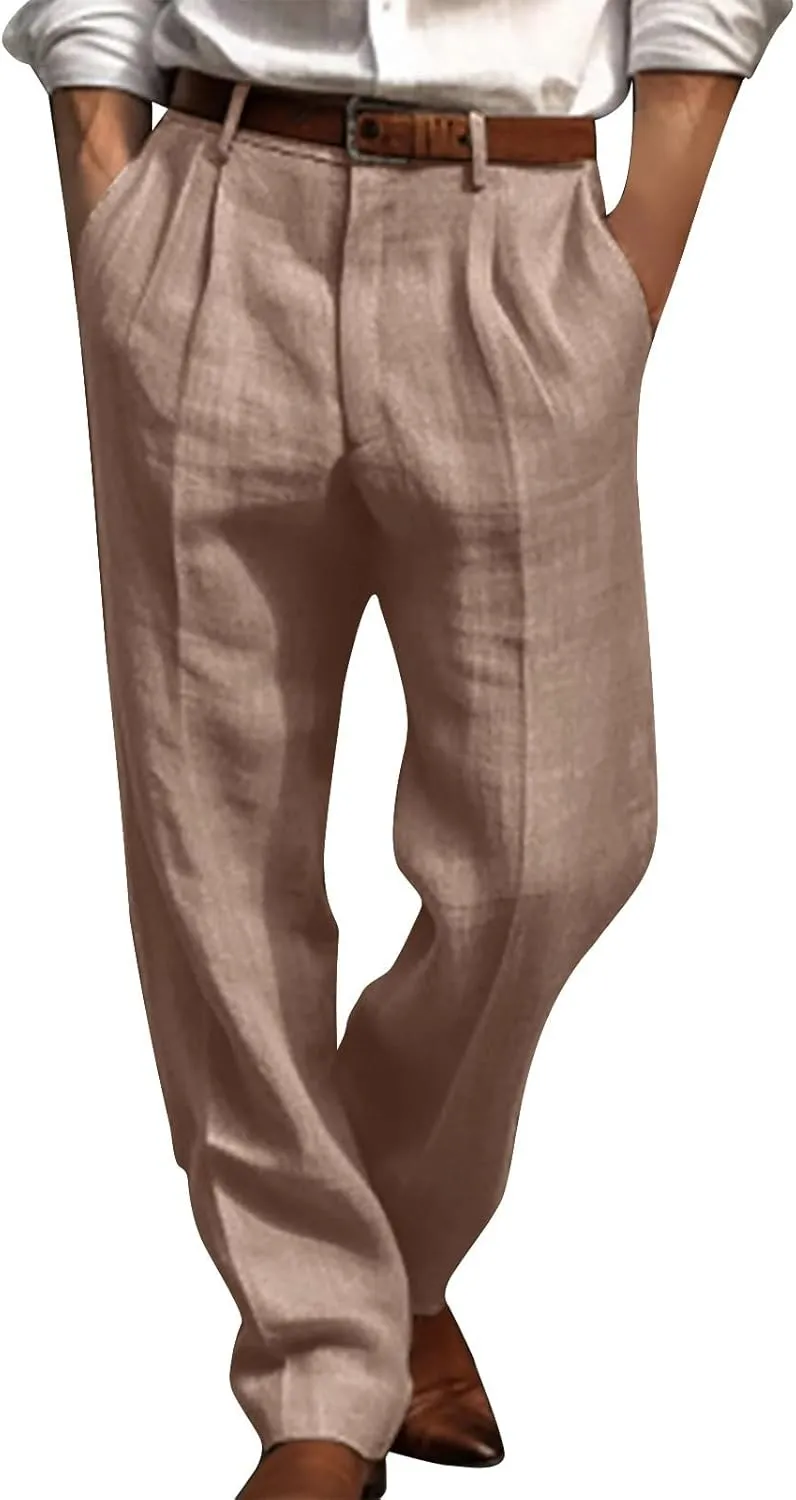 Linen Pants Men Summer Button Dress Pants Solid Color Straight Leg Beach Pants Cotton Loose Trousers with Pockets