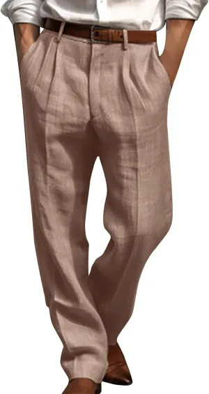 Linen Pants Men Summer Button Dress Pants Solid Color Straight Leg Beach Pants Cotton Loose Trousers with Pockets