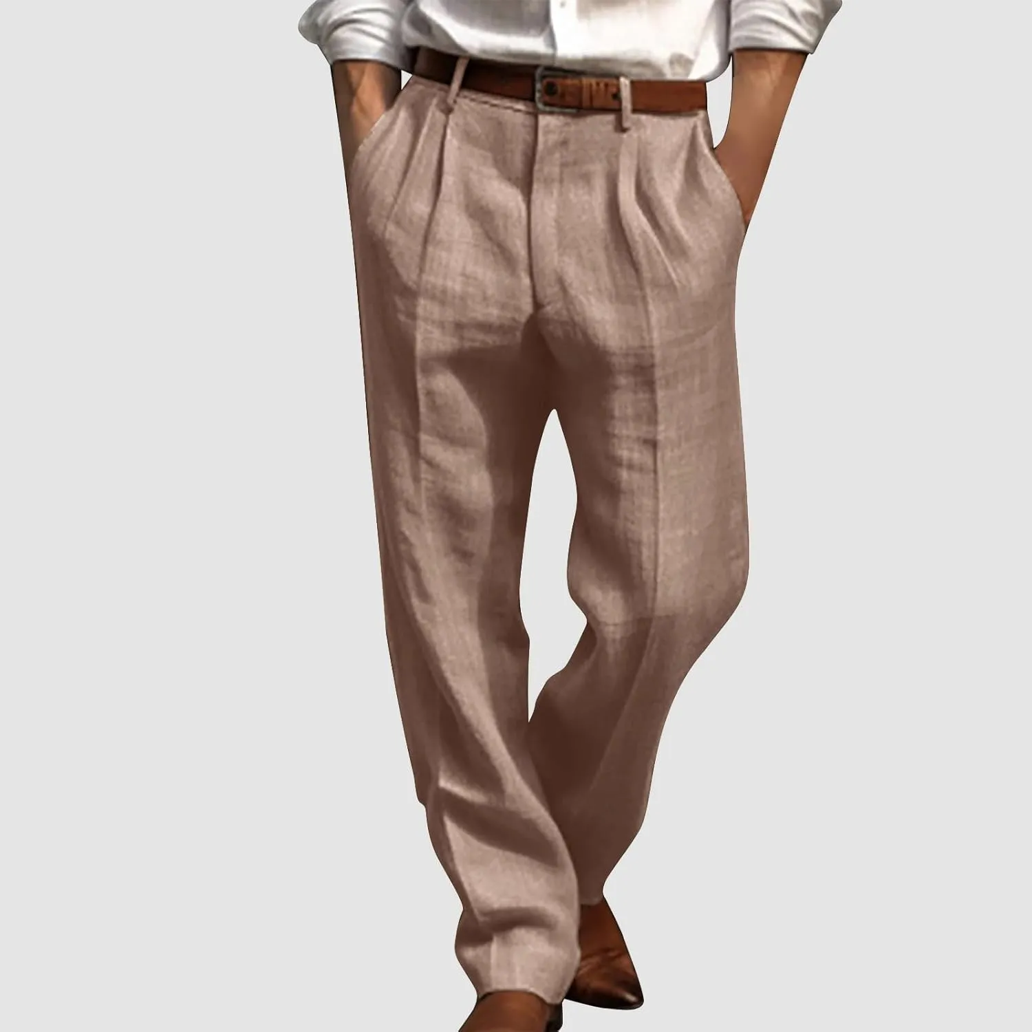 Linen Pants Men Summer Button Dress Pants Solid Color Straight Leg Beach Pants Cotton Loose Trousers with Pockets