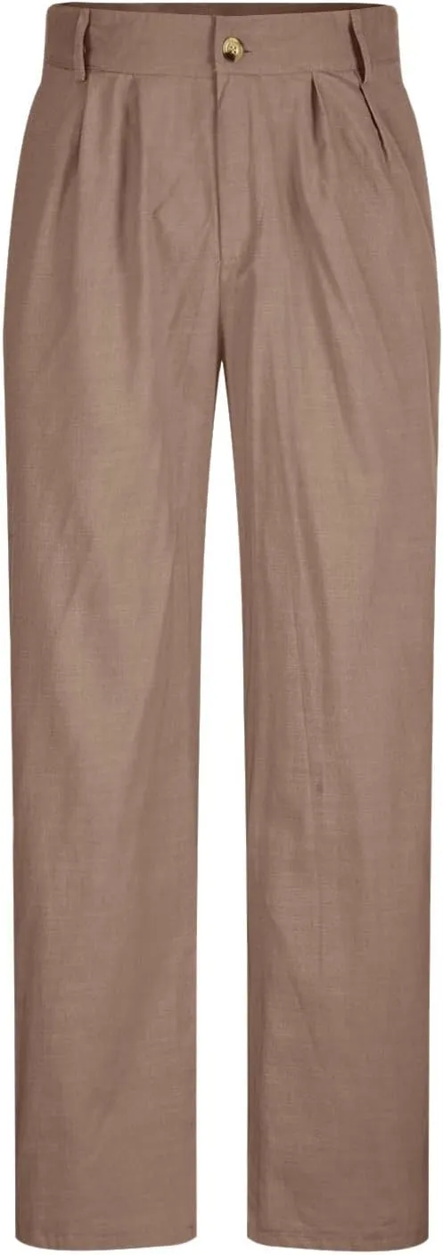 Linen Pants Men Summer Button Dress Pants Solid Color Straight Leg Beach Pants Cotton Loose Trousers with Pockets