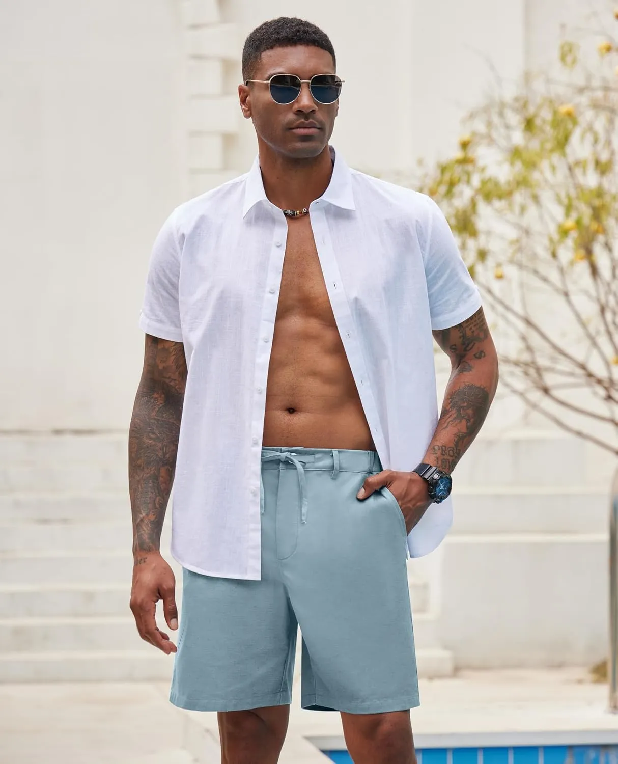 Linen Shorts for Men - Casual Beach Shorts with Pockets and Drawstring