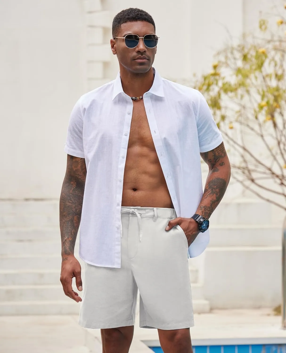 Linen Shorts for Men - Casual Beach Shorts with Pockets and Drawstring