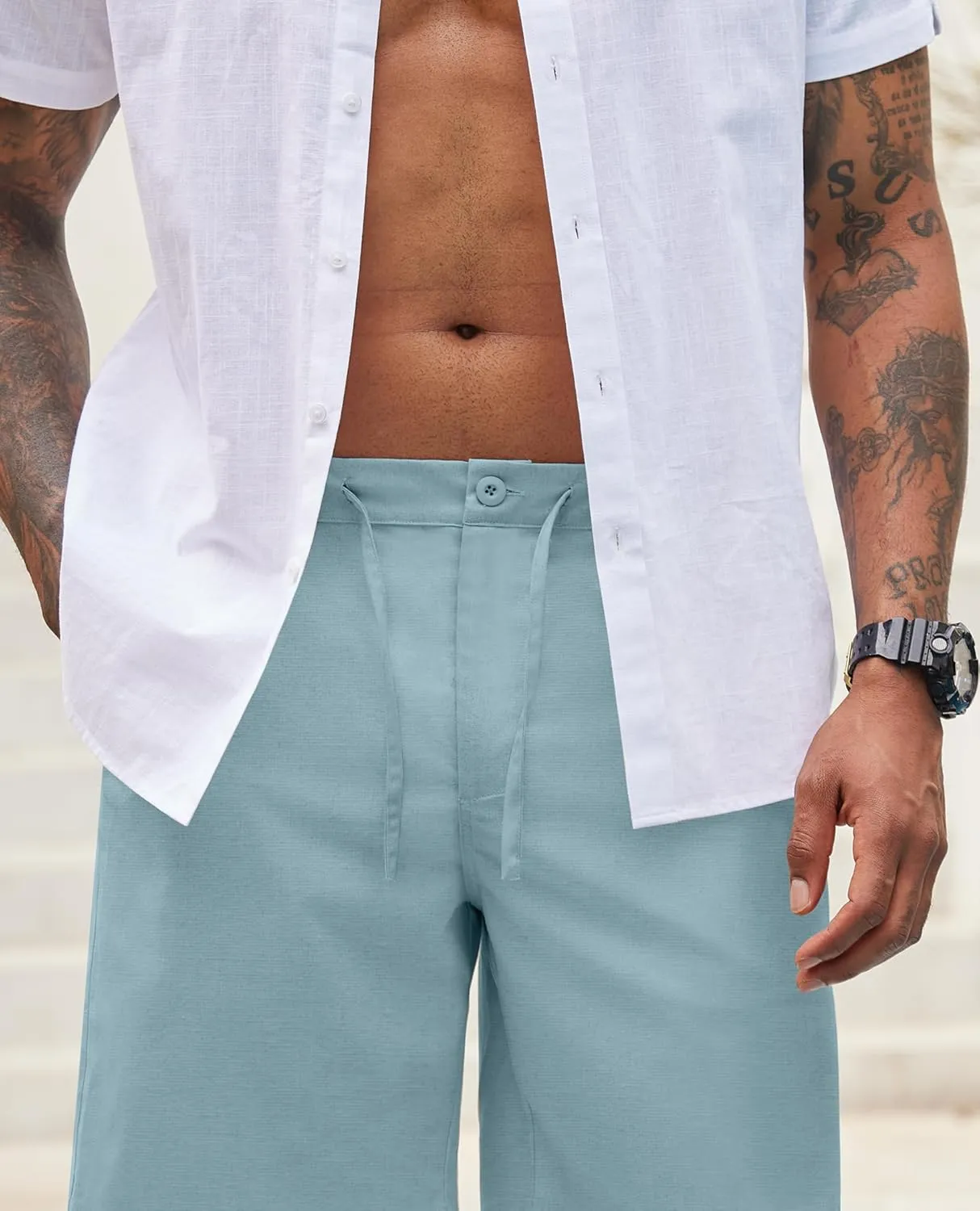Linen Shorts for Men - Casual Beach Shorts with Pockets and Drawstring