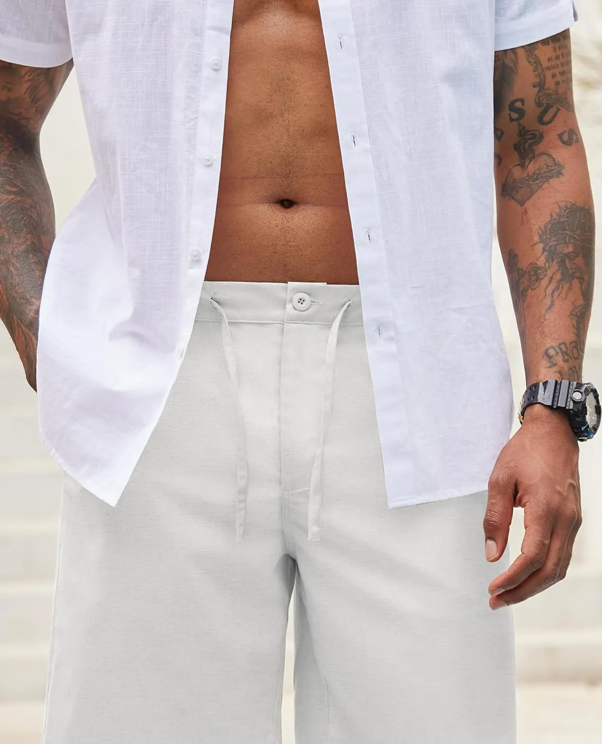 Linen Shorts for Men - Casual Beach Shorts with Pockets and Drawstring