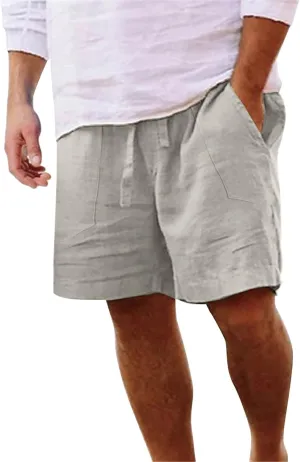 Linen Shorts for Men Summer Soild Color Beach Shorts Elastic Waist Drawstring Outdoors Sports Shorts for Men