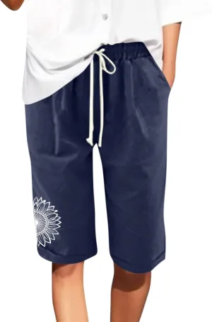 Linen Shorts for Women Casual High Waisted Knee Length Wide Leg 2025 Summer Elastic Waist Drawstring Shorts Half Pants