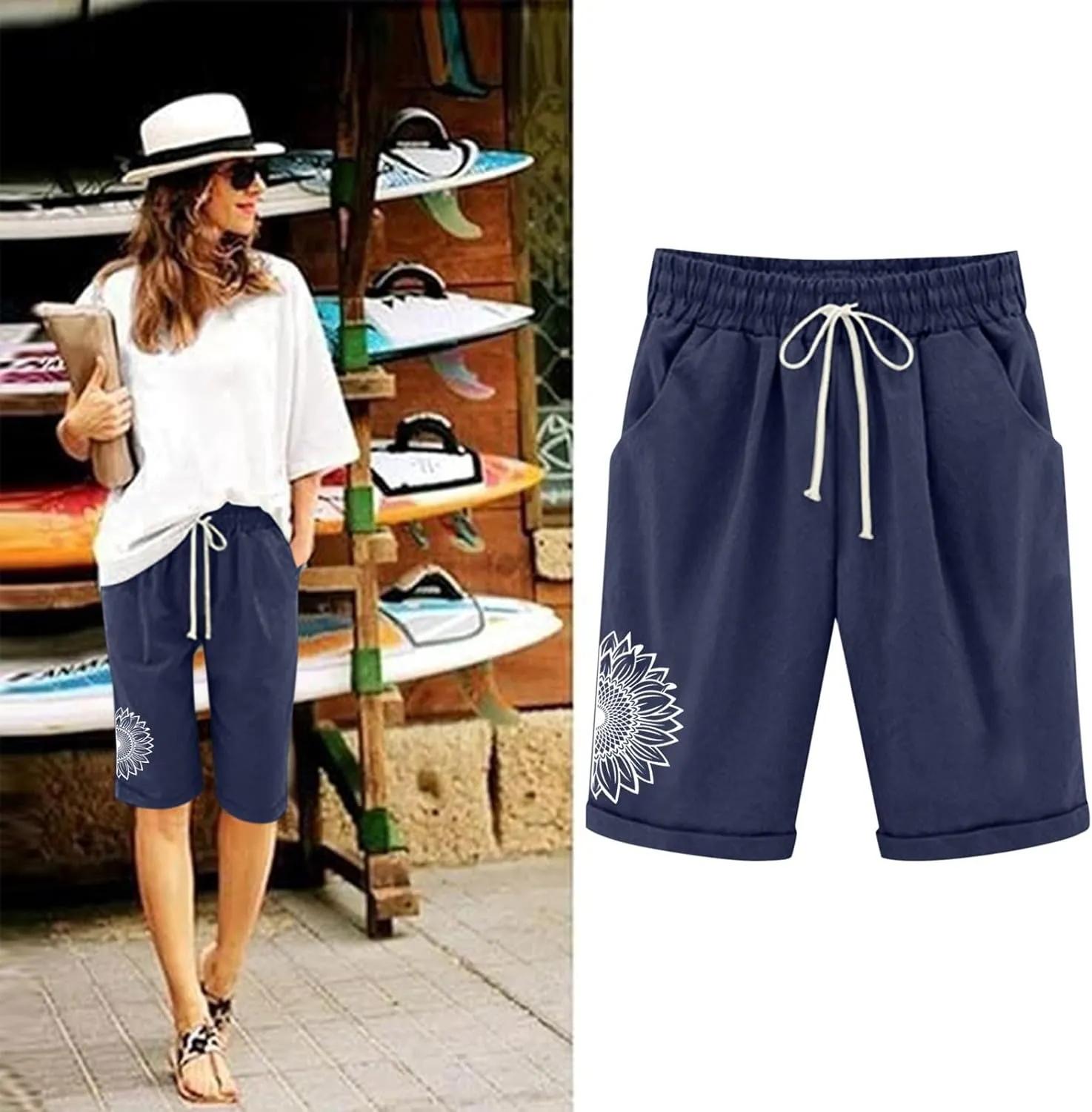 Linen Shorts for Women Casual High Waisted Knee Length Wide Leg 2025 Summer Elastic Waist Drawstring Shorts Half Pants