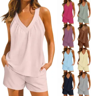 Linen Shorts Sets Women 2 Piece Outfits Sleeveless Halter Tops And Shorts Matching Sets Summer Cozy Sweatsuit Set