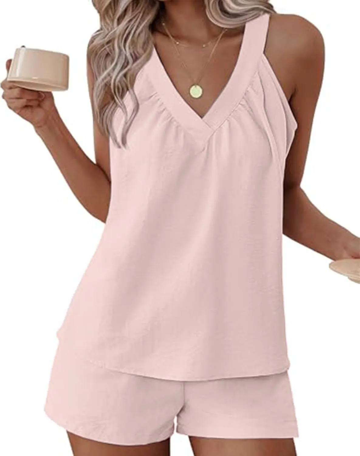 Linen Shorts Sets Women 2 Piece Outfits Sleeveless Halter Tops And Shorts Matching Sets Summer Cozy Sweatsuit Set
