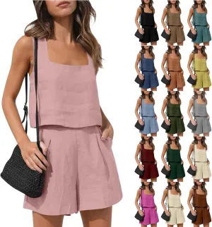 Linen Shorts Sets Women 2 Piece Outfits Square Neck Sleeveless Vest and Shorts Sets Summer Vacation Beach Lounge Set