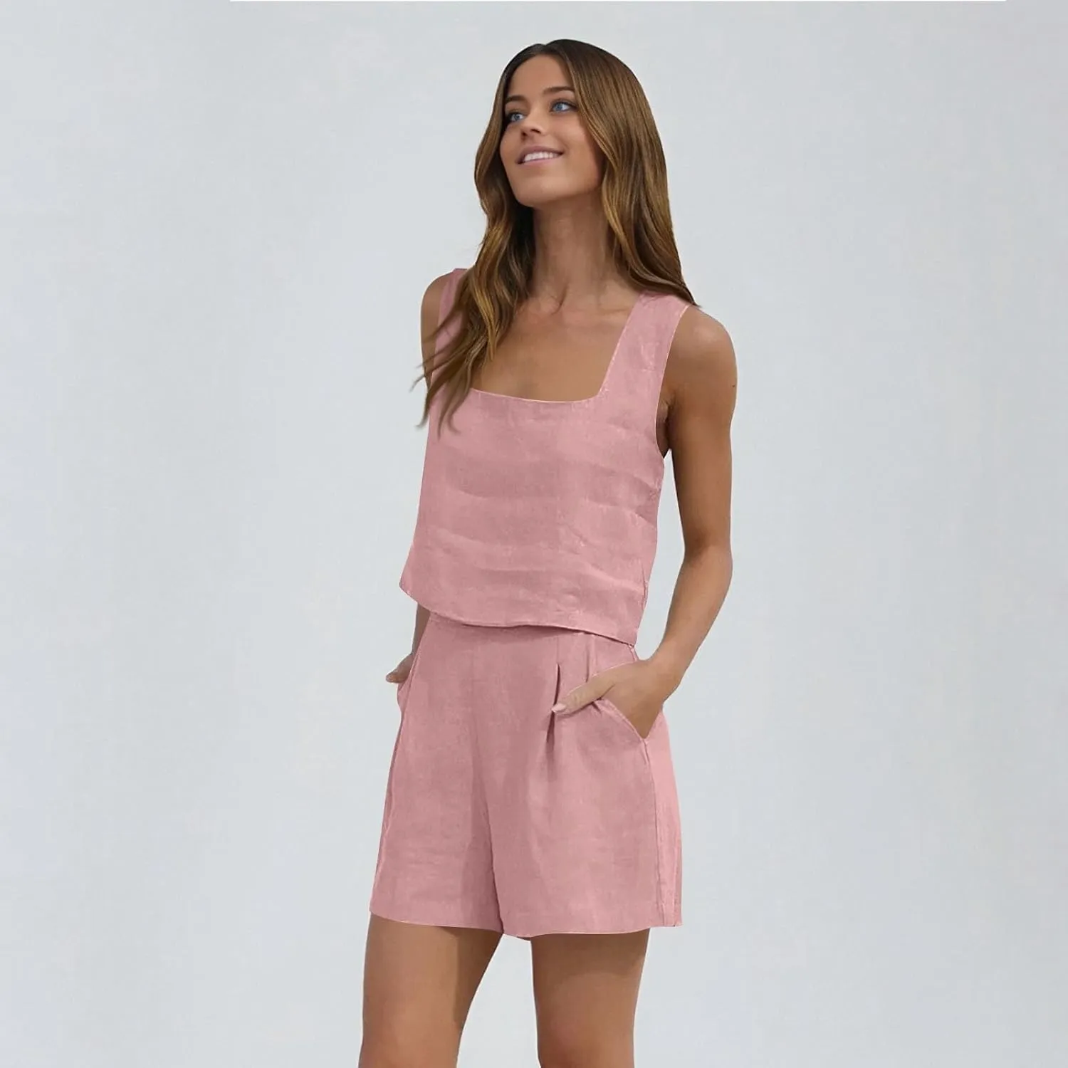 Linen Shorts Sets Women 2 Piece Outfits Square Neck Sleeveless Vest and Shorts Sets Summer Vacation Beach Lounge Set