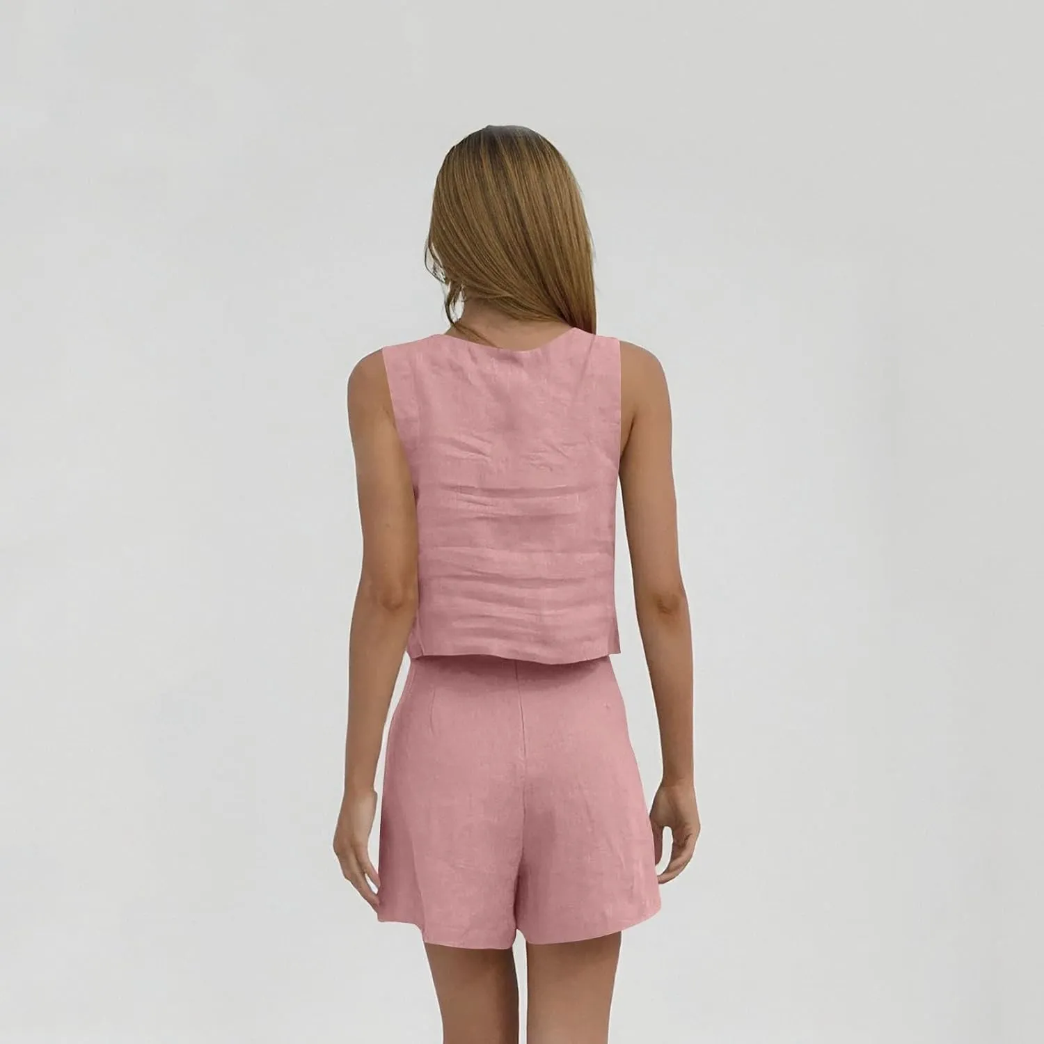 Linen Shorts Sets Women 2 Piece Outfits Square Neck Sleeveless Vest and Shorts Sets Summer Vacation Beach Lounge Set