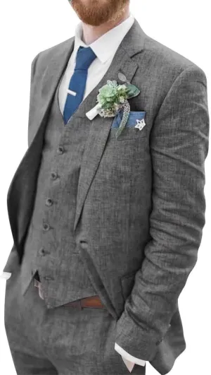Linen Suit for Men Slim Fit 3 Piece Suit Two Buttons Casual Linen Suits Summer Beach Wedding Suits Set